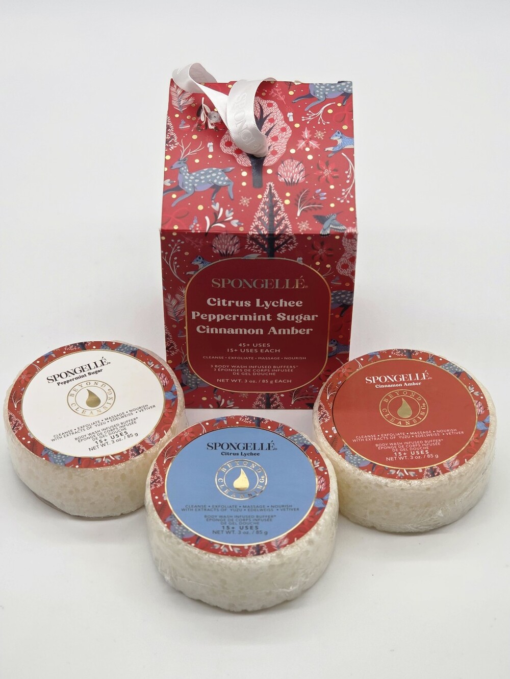 Spongellé Bath Buffer Set -Citrus Lychee, Peppermint Sugar, Cinnamon Amber